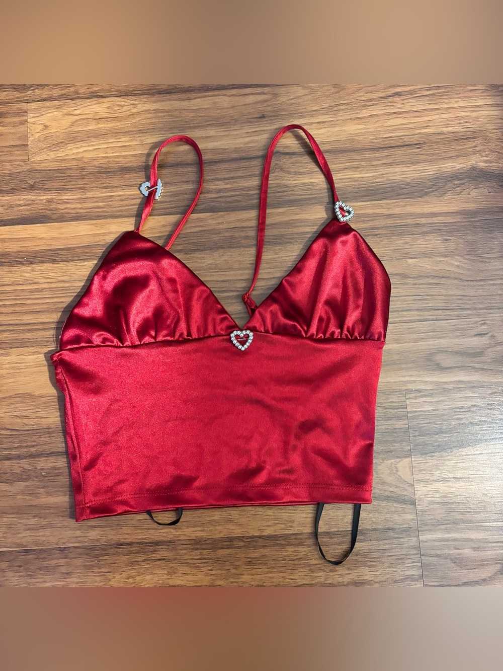 Forever 21 Red Satin Heart Rhinestone Crop Cami Top Size Small Valentines Y2k